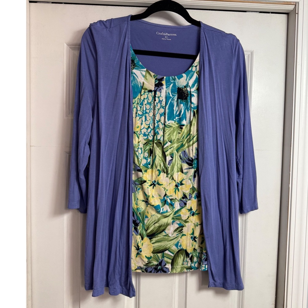 Croft & Barrow Womens XL Purple Floral Twin Set Cardigan Tank Top 2 Piece Rayon
